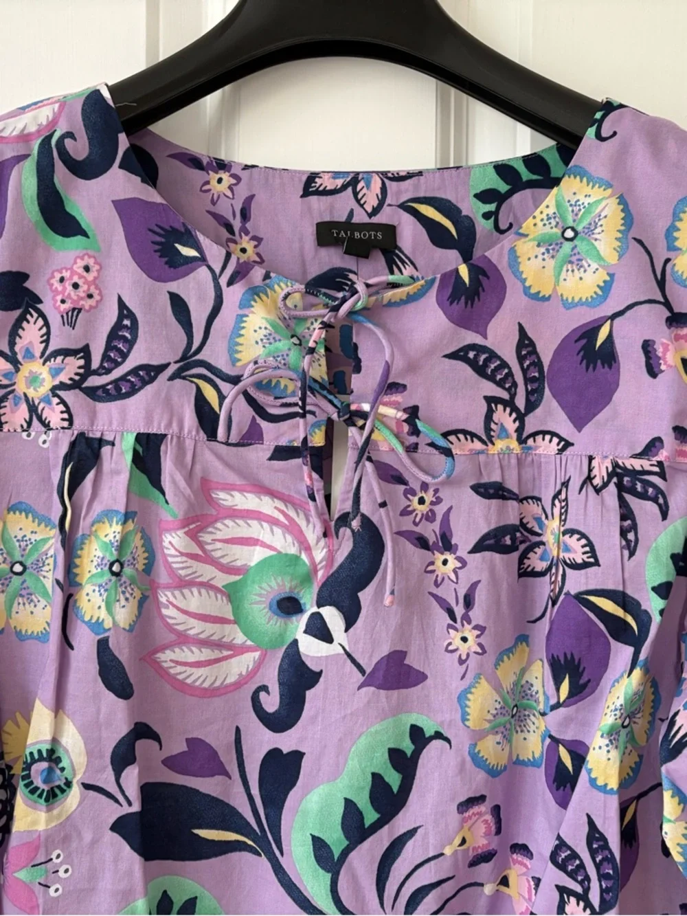 NWT, Talbots Cotton Short Sleeve Tie Front Top, Lavender Jacobean Floral, Size L - Picture 5 of 13